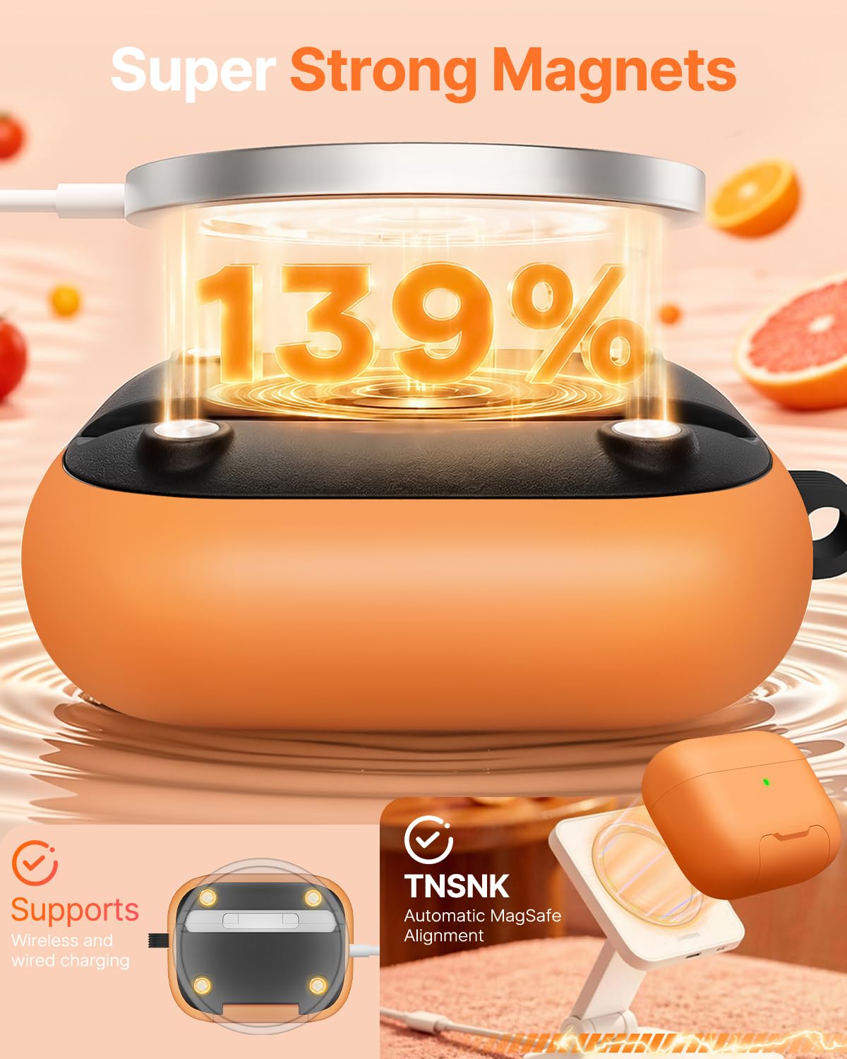 TNSNK AirPods Pro 3 Case orange with stand open for hands-free viewing.