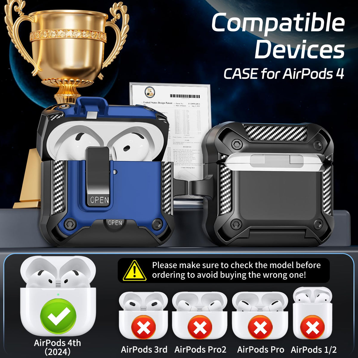 TNSNK AirPods 4 case side view showing carabiner attachment