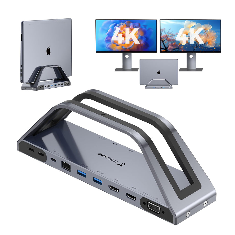 TobenONE 14-in-1 docking station on a clean desk enables an organized workspace with versatile connections.