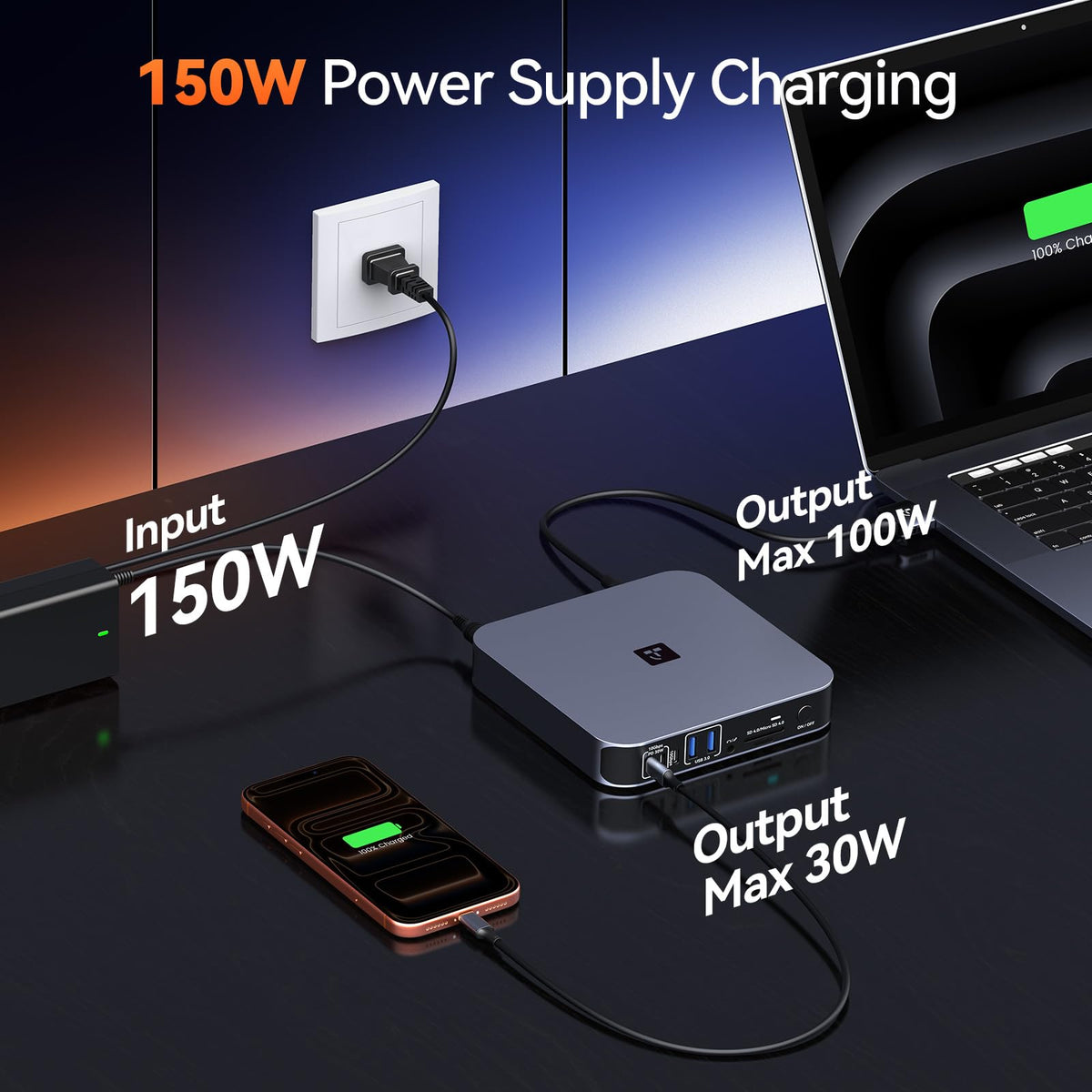 TobenONE 150W power delivery keeps a MacBook charged during work