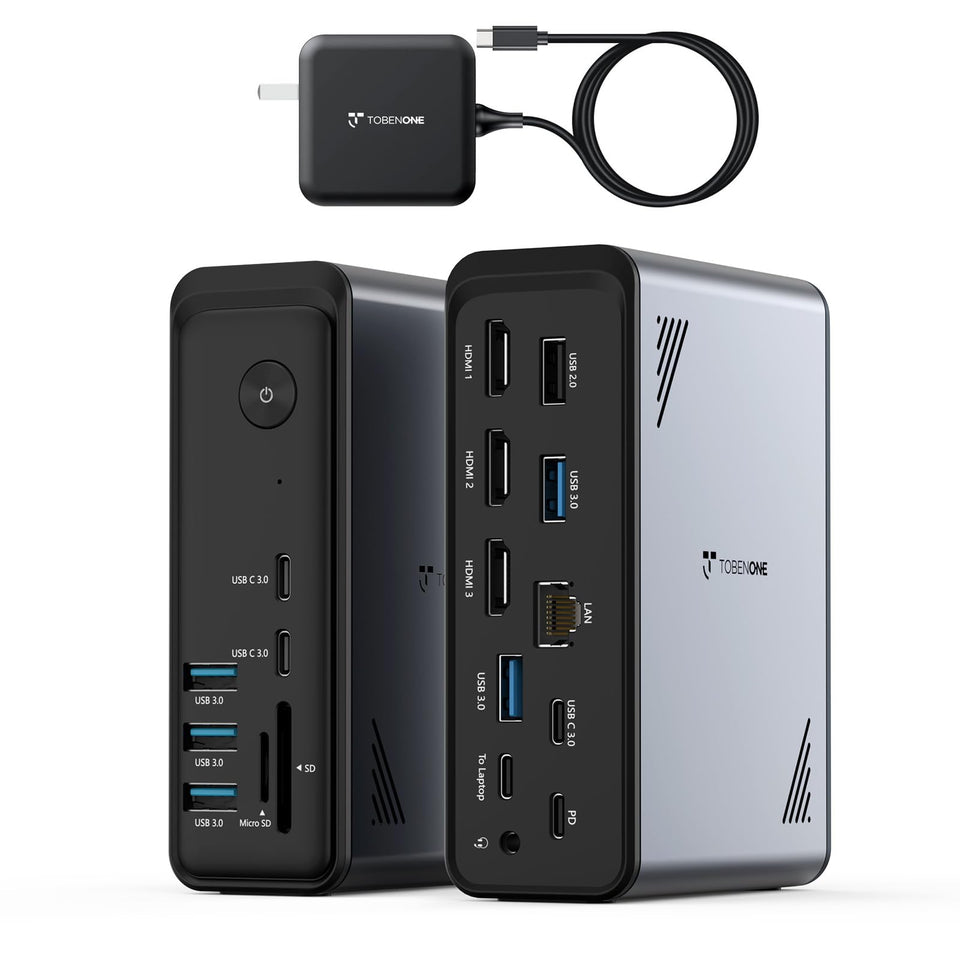 TobenONE 18-in-1 dock front view showing organized cable management for a clean workspace.