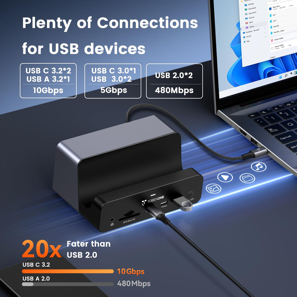 TobenONE 8 USB ports for external drives and peripherals