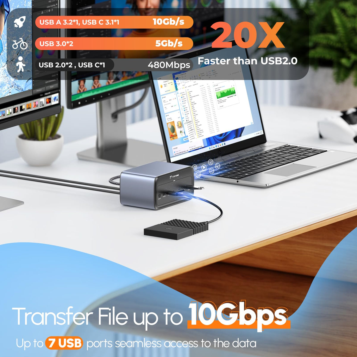 TobenONE next to laptop demonstrating compact size and space saving