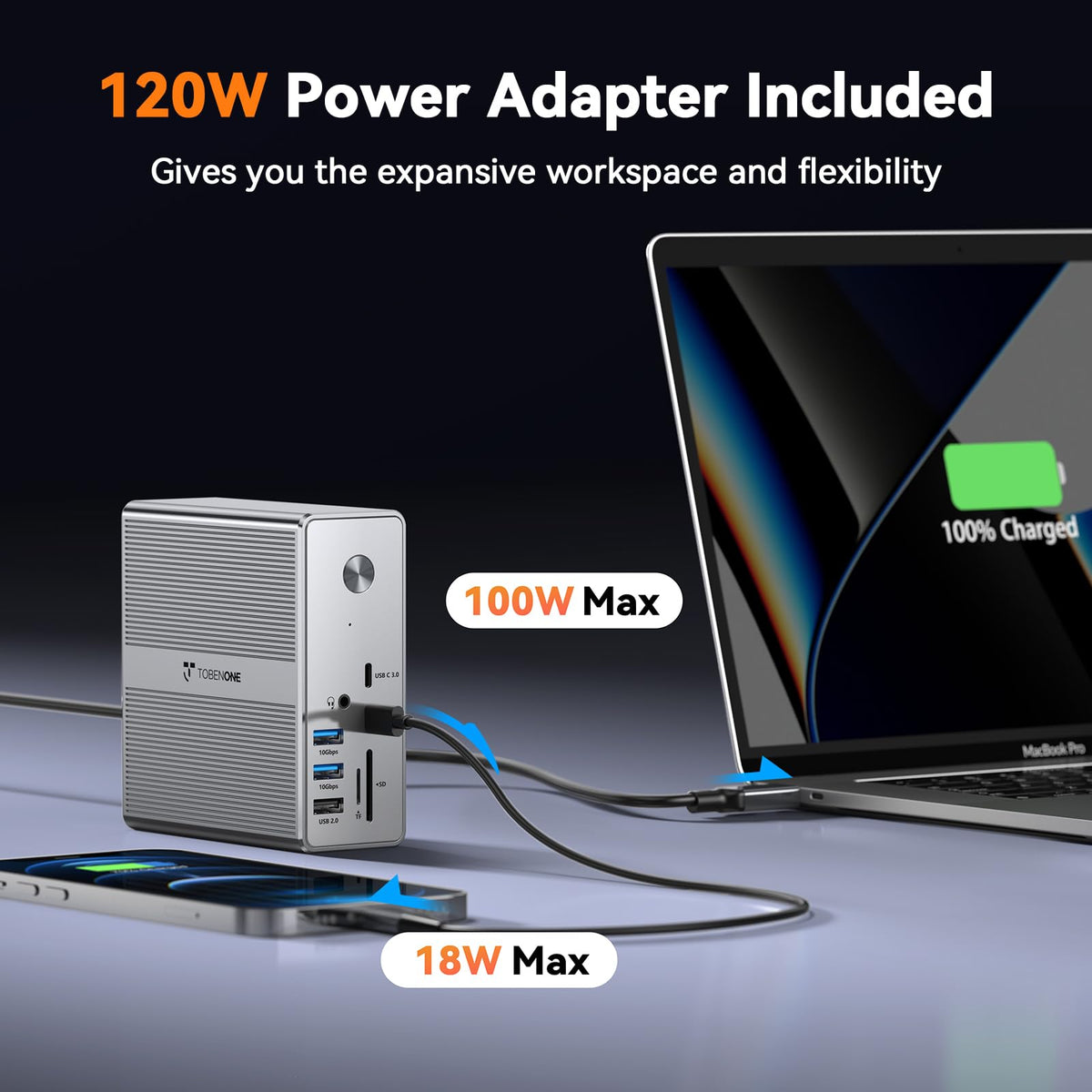 TobenONE Dock with SD and Micro SD slots for quick file transfer.