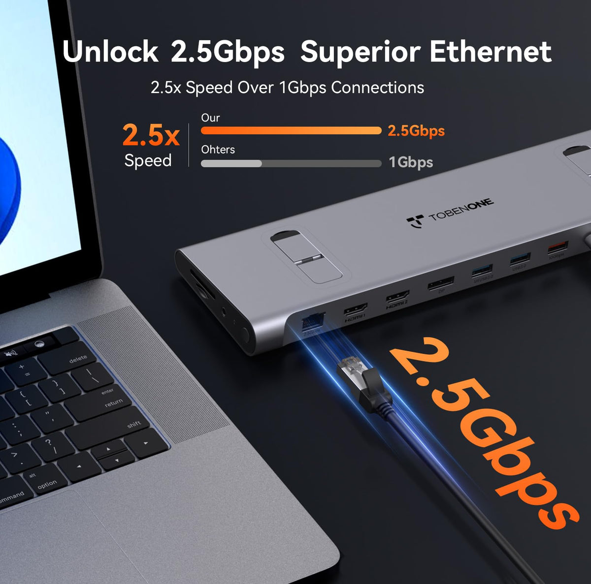 TobenONE dock delivers 100W PD power for single-cable laptop charging.