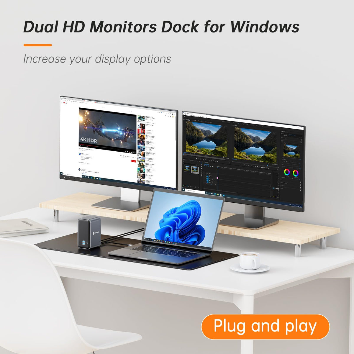 TobenONE dock with dual HDMI and VGA outputs delivers crisp 4K or 1080p visuals.