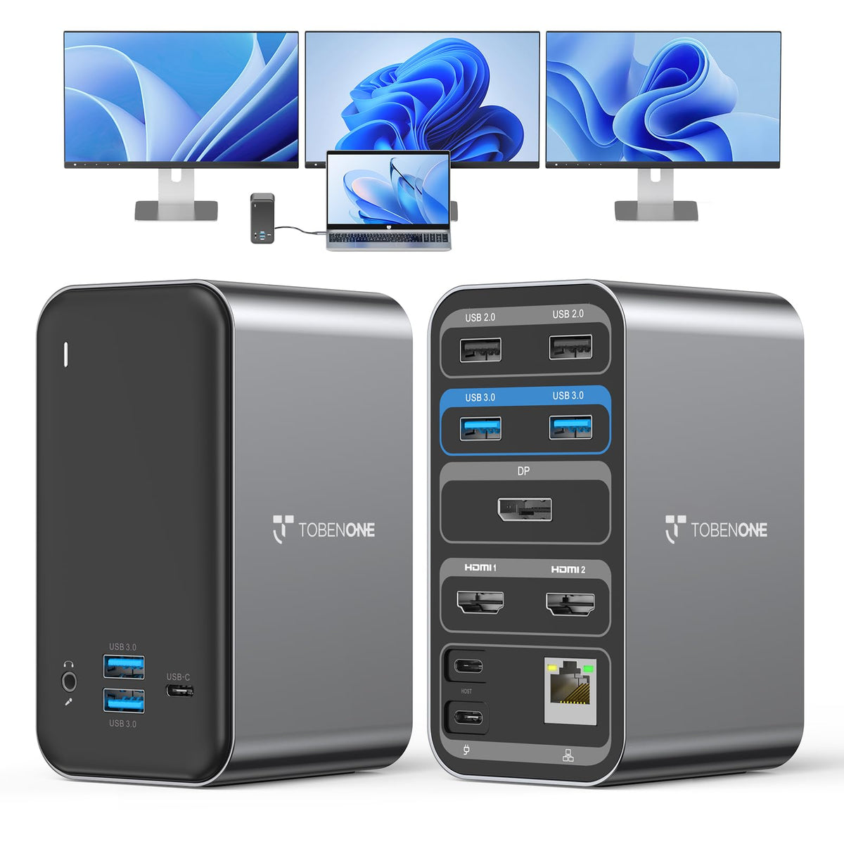 TobenONE docking station with dual HDMI and DP for smooth multi-monitor setup.