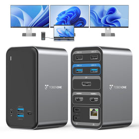 TobenONE docking station with dual HDMI and DP for smooth multi-monitor setup.