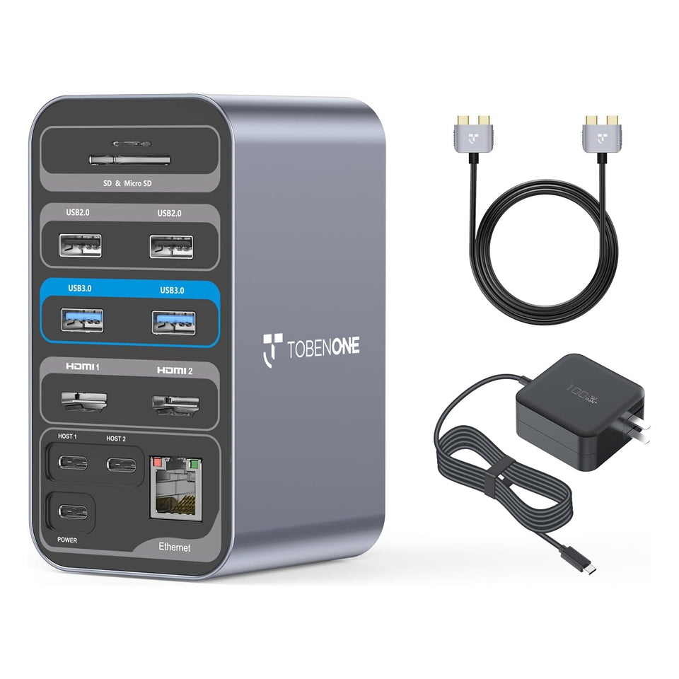 TobenONE MacBook Dock with dual HDMI outputs for extended 4K displays.