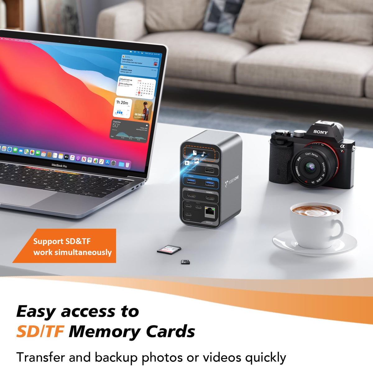 TobenONE compact dock keeps your desk organized and ready.