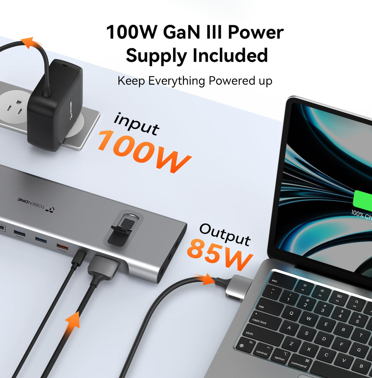 Tobenone MacBook Docking Station HDMI+DP dual display supports multi-monitor setups.