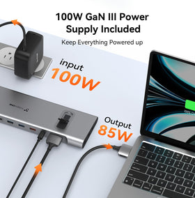 Tobenone MacBook Docking Station HDMI+DP dual display supports multi-monitor setups.