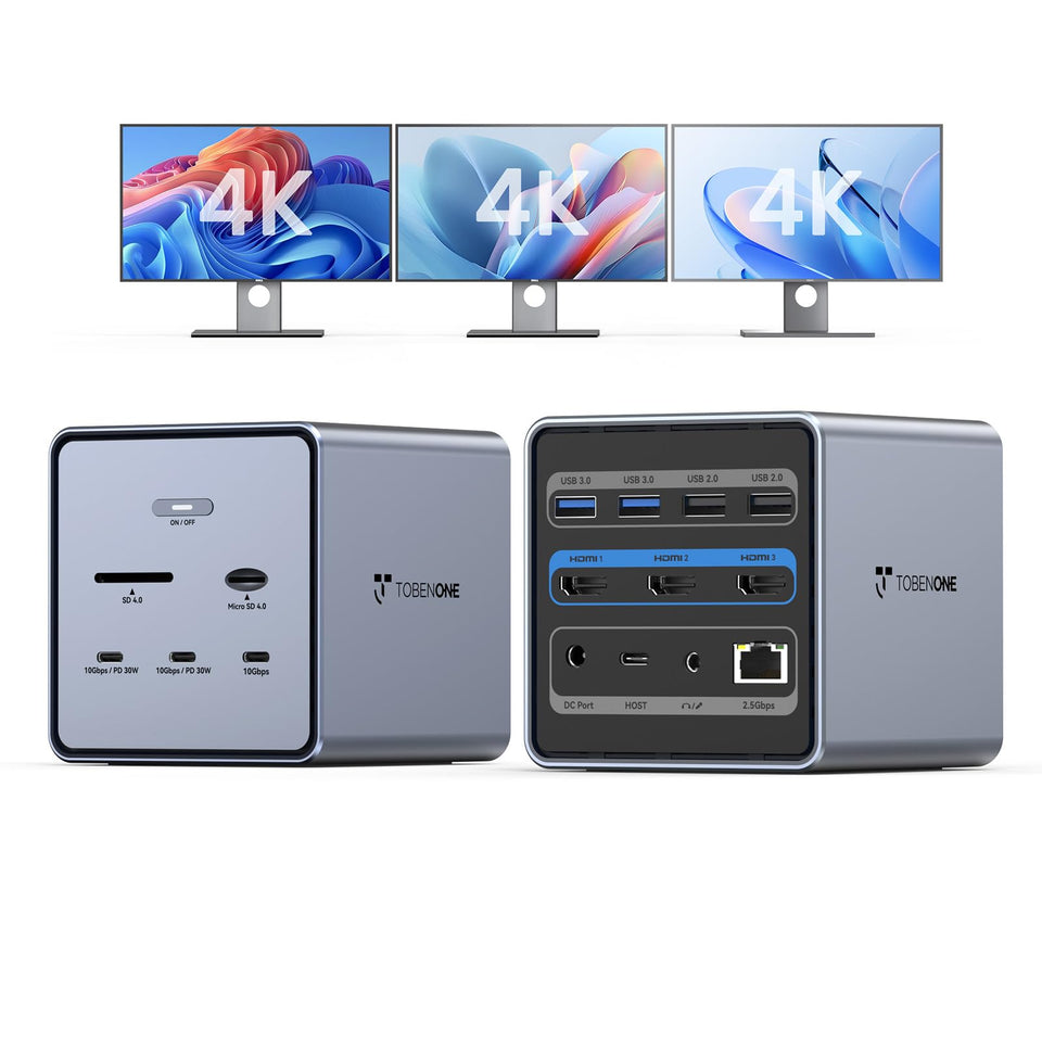 TobenONE triple 4K dock setup shown with multiple monitors for productivity