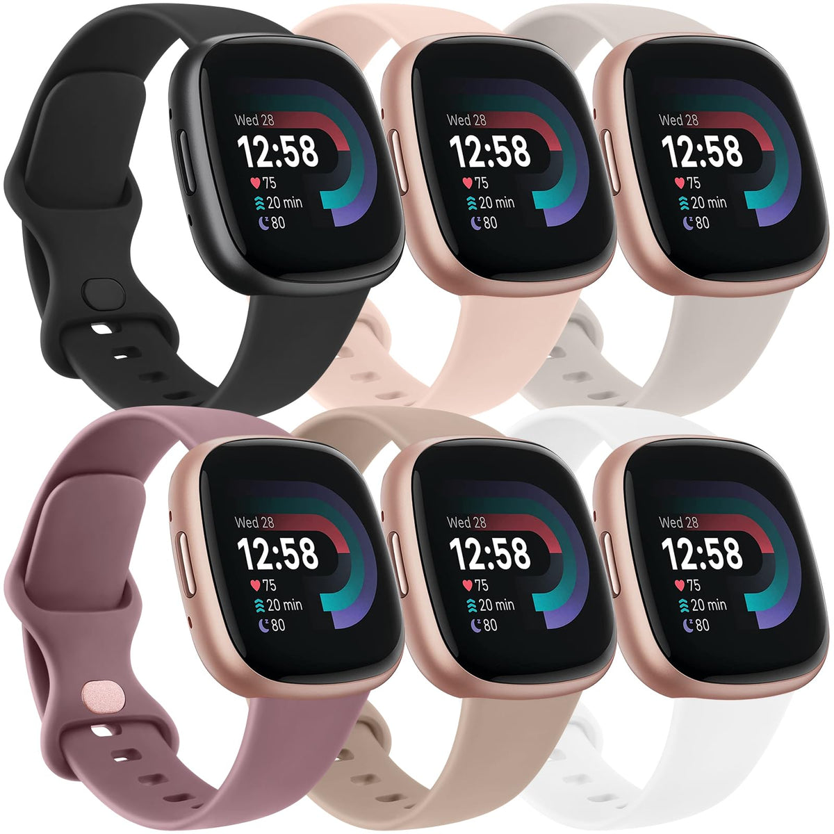 Tobfit 6-pack band for Fitbit Versa 4—soft, skin-friendly TPU for comfortable all-day wear.