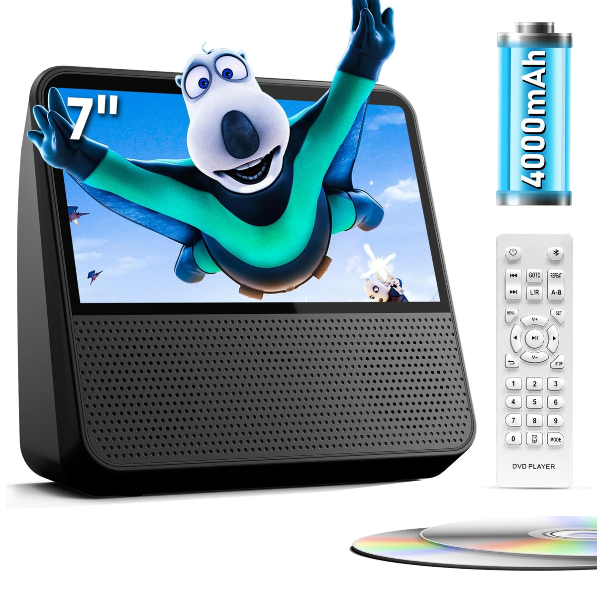 TODANGAI 9.8-inch portable DVD player, compact for trips and easy to store.