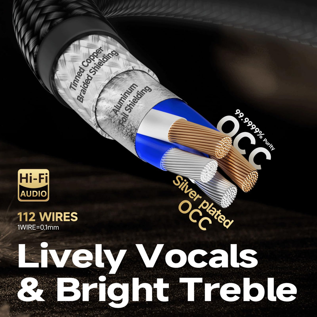 TODN RCA cable showing dual shielding for reduced interference and crisper sound.