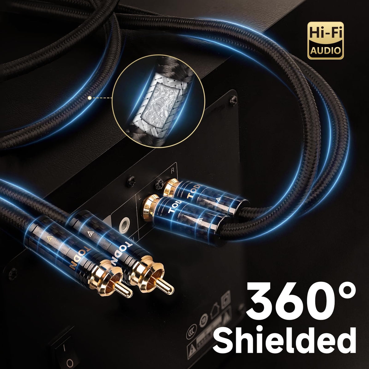TODN audiophile RCA cable with gold-plated plugs for reliable, corrosion-resistant connections.