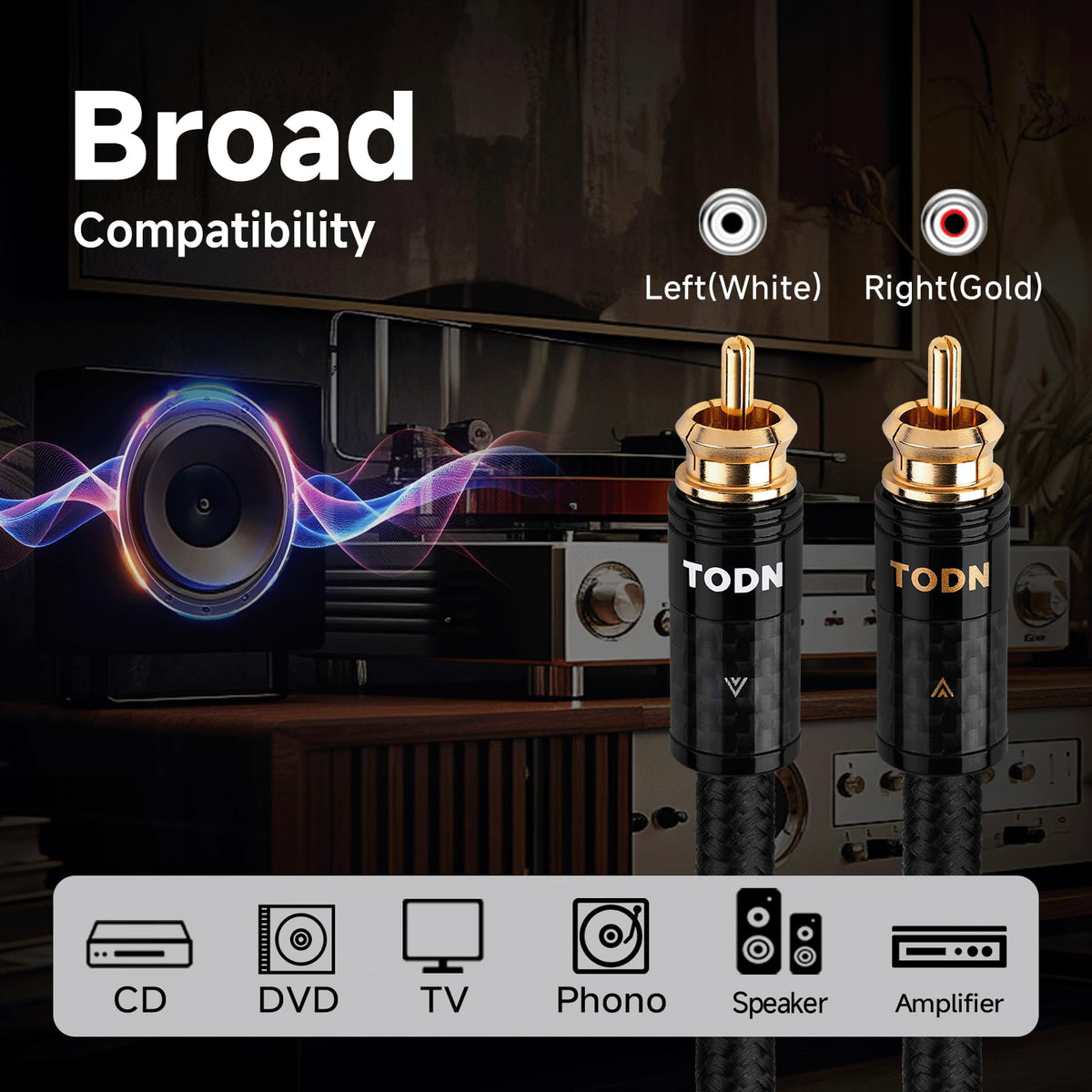 TODN stereo setup RCA cable ready for effortless indoor configurations.