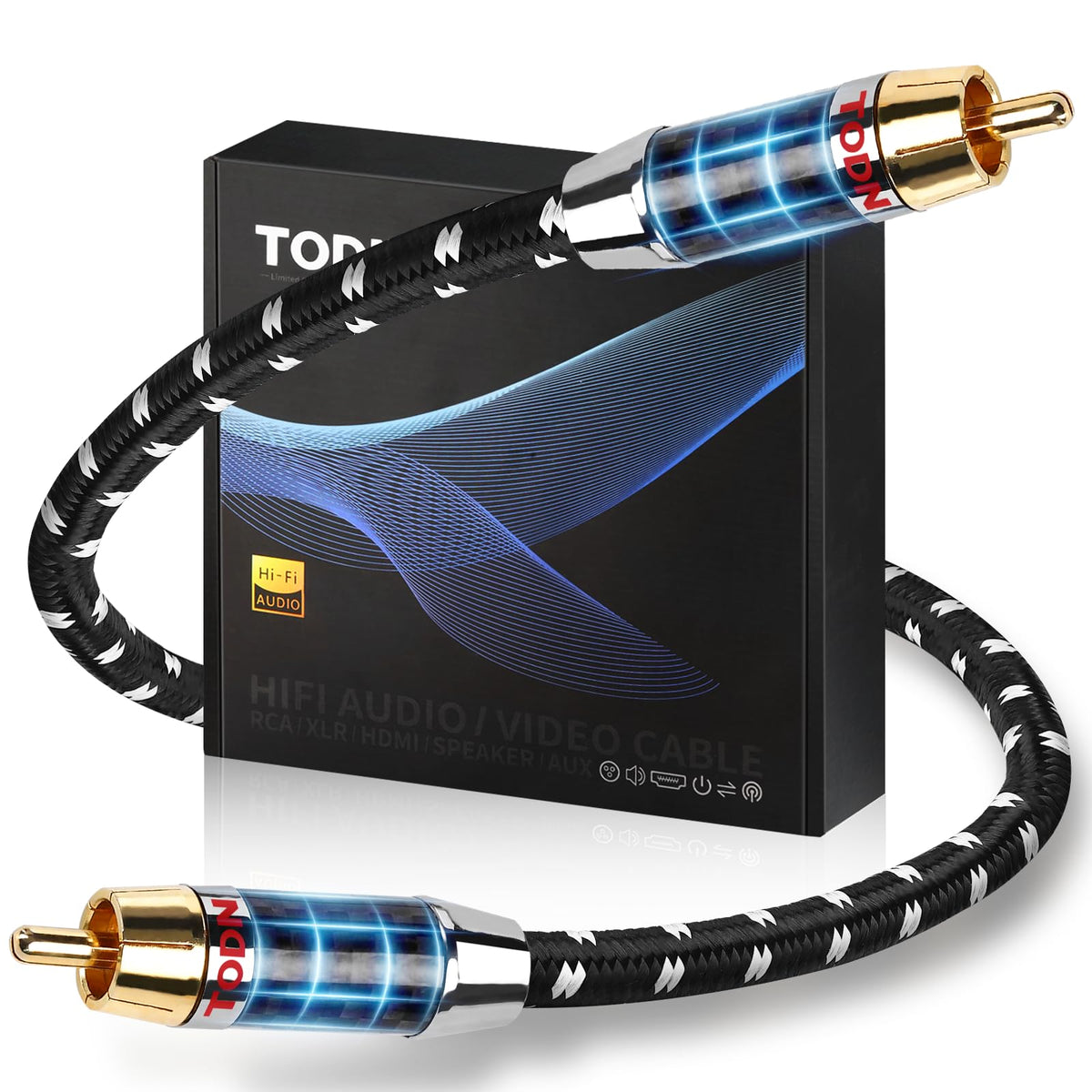 TODN front packaging showing the coaxial RCA cable and branding benefit durable presentation