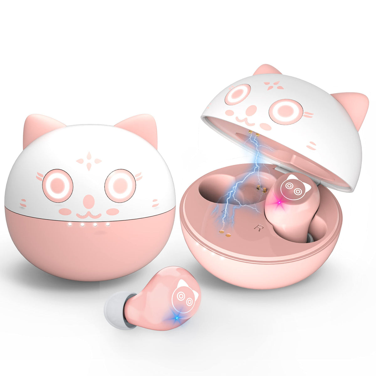 Togetface Bluetooth kids earbuds with pink case for easy charging and storage.