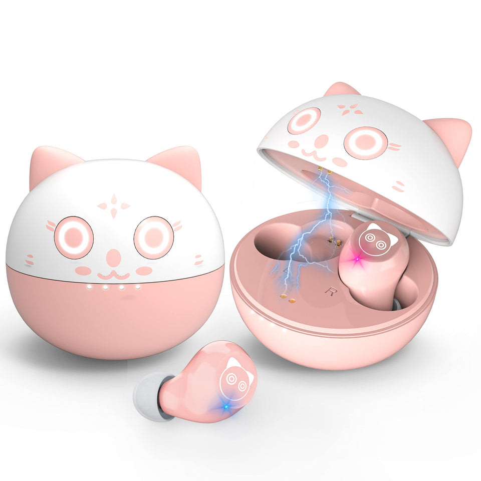 Togetface Bluetooth kids earbuds with pink case for easy charging and storage.