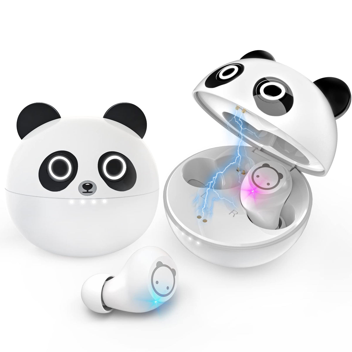 Togetface kids earbuds with panda charging case providing secure charging and portability.