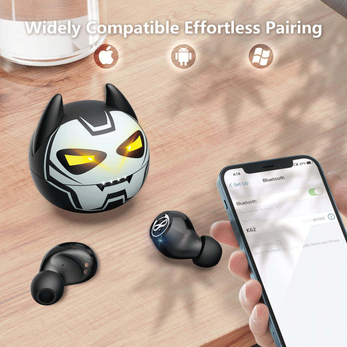 Togetface kids earbuds penguin side view highlighting the compact charging case.