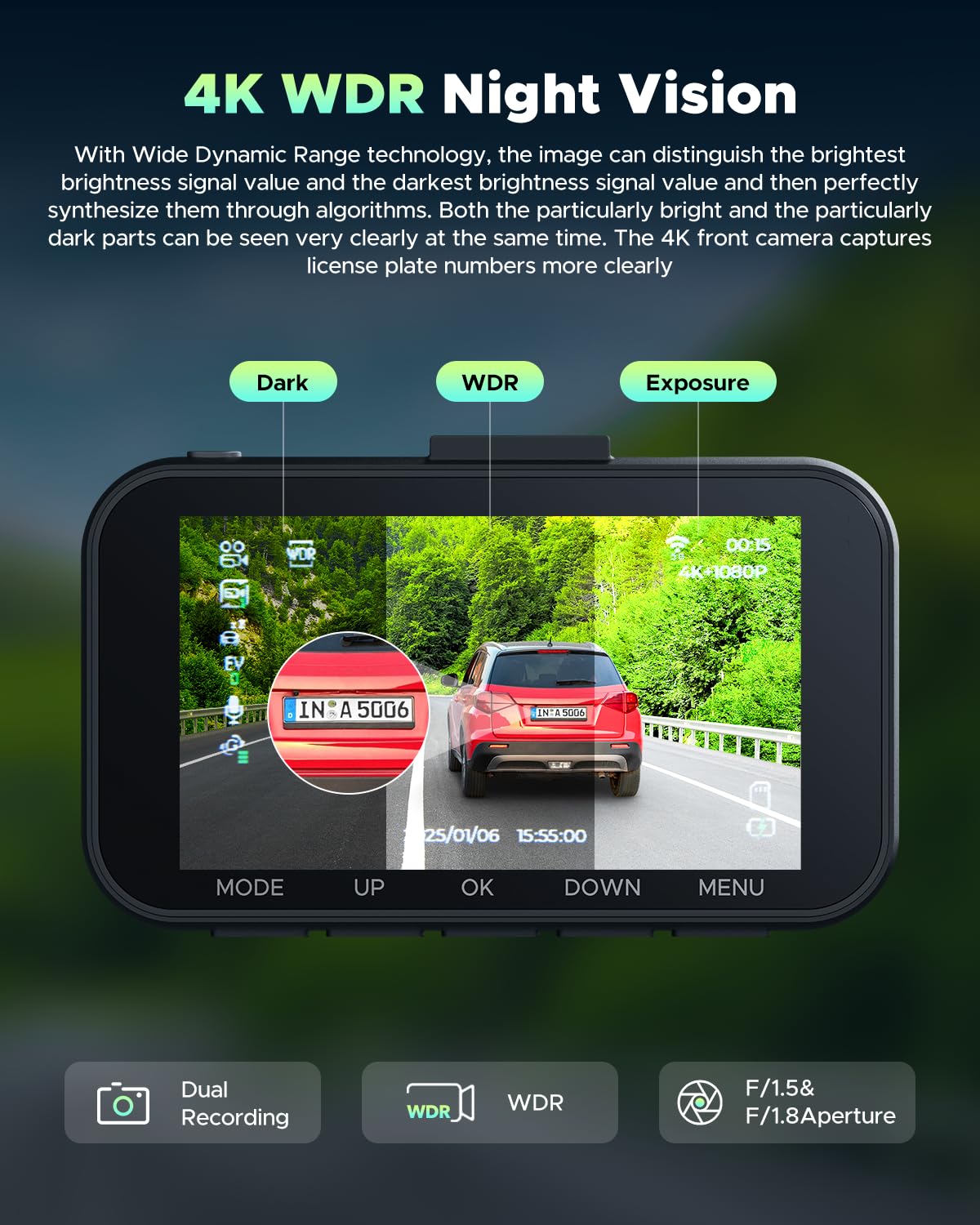 TOGUARDGO front-rear coverage dash cam records a wide area for safer driving.