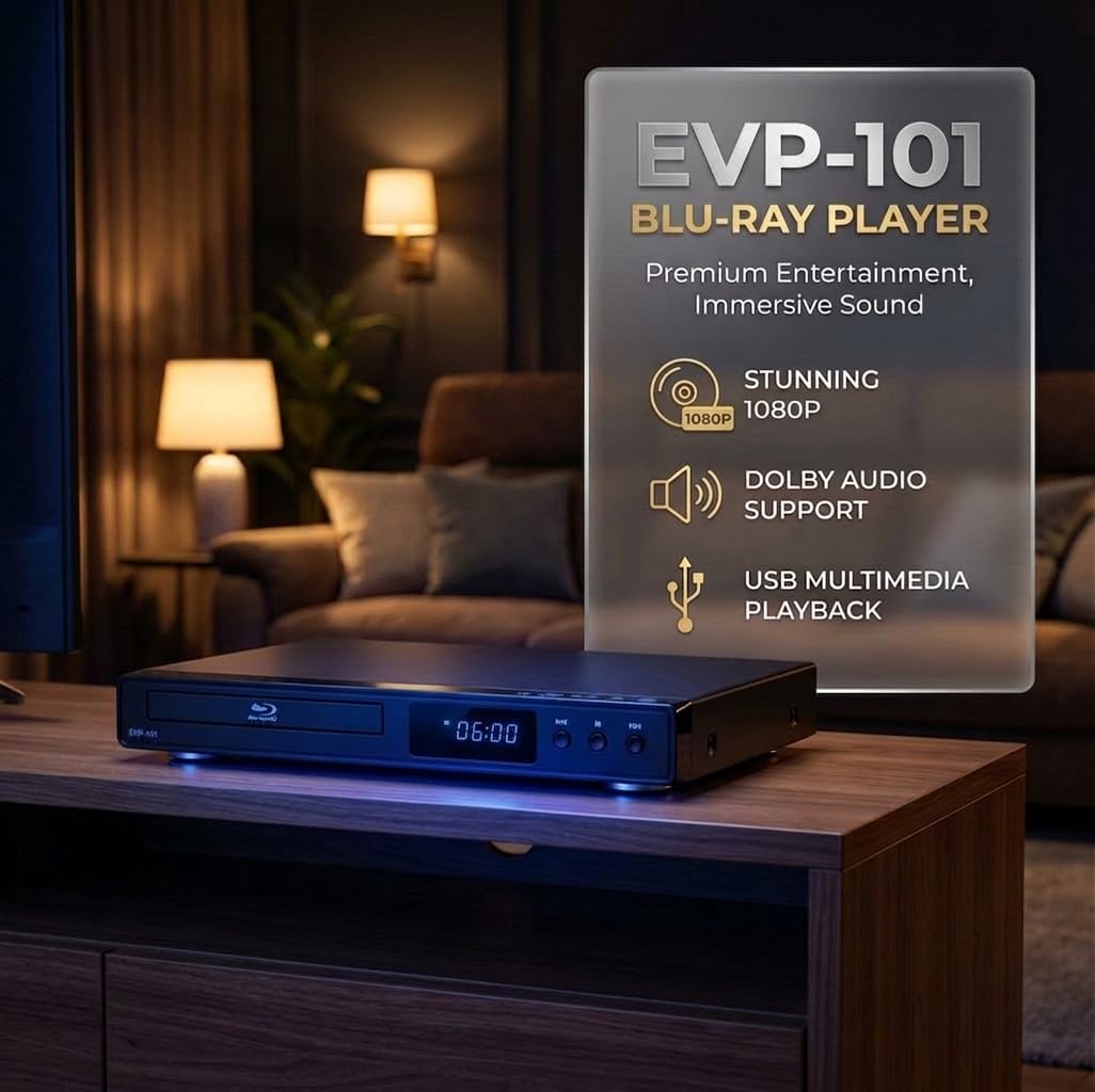 Tojock Blu-ray player rear ports highlight HDMI, USB, and AV connections.