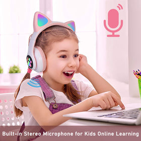 TOKANI built-in mic cat-ear headphones pink ideal for online classes.