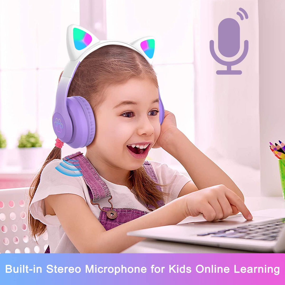 TOKANI Kids with built-in mic for easy hands-free calls and online classes.