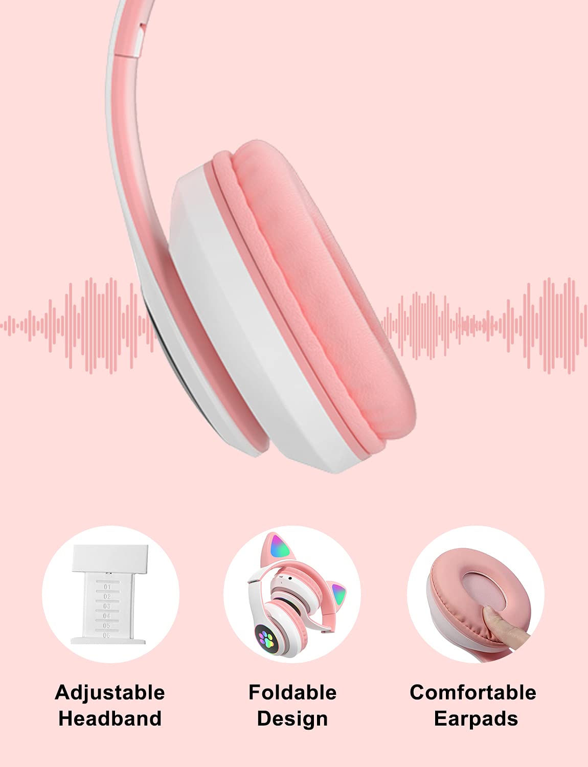 TOKANI mute button cat-ear headphones pink easy call control.