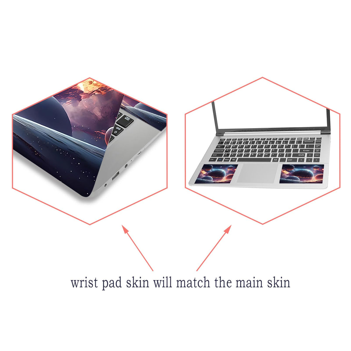 ToLuLu Cosmic Planets laptop skin side view demonstrates edge-to-edge fit and style.