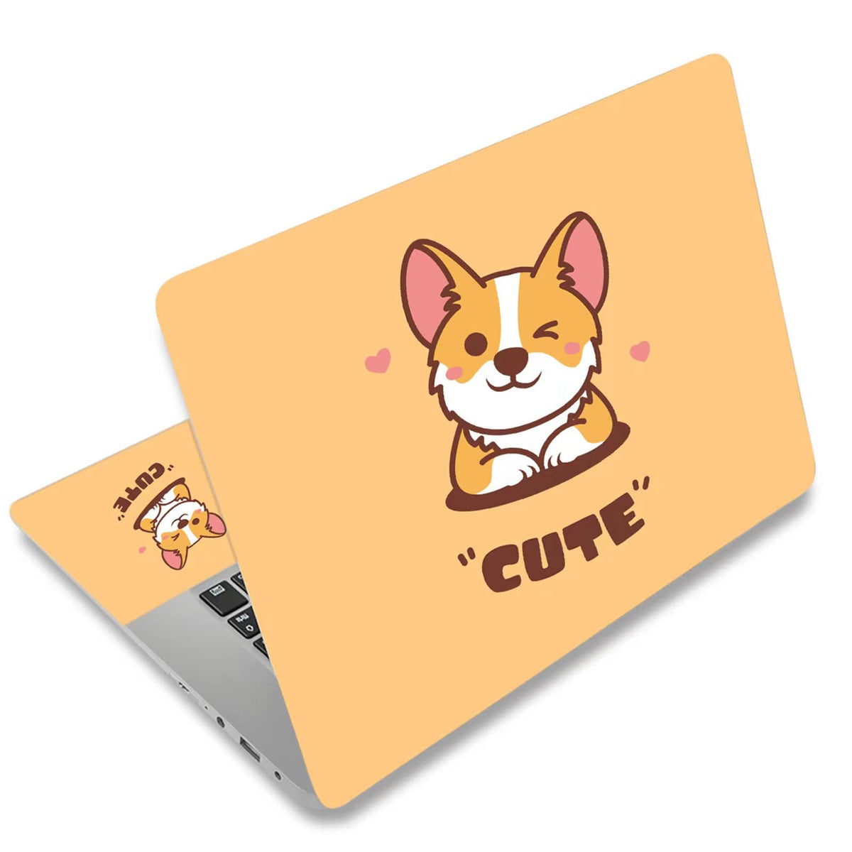 Tolulu corgi-design laptop skin front view protects surfaces with bright, durable color