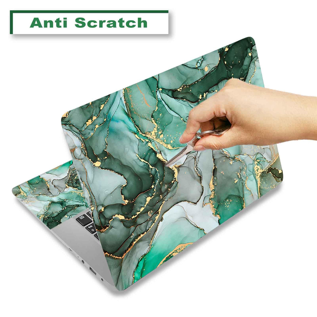 ToLuLu green marble laptop skin side-left view shields edges from dust and scuffs.