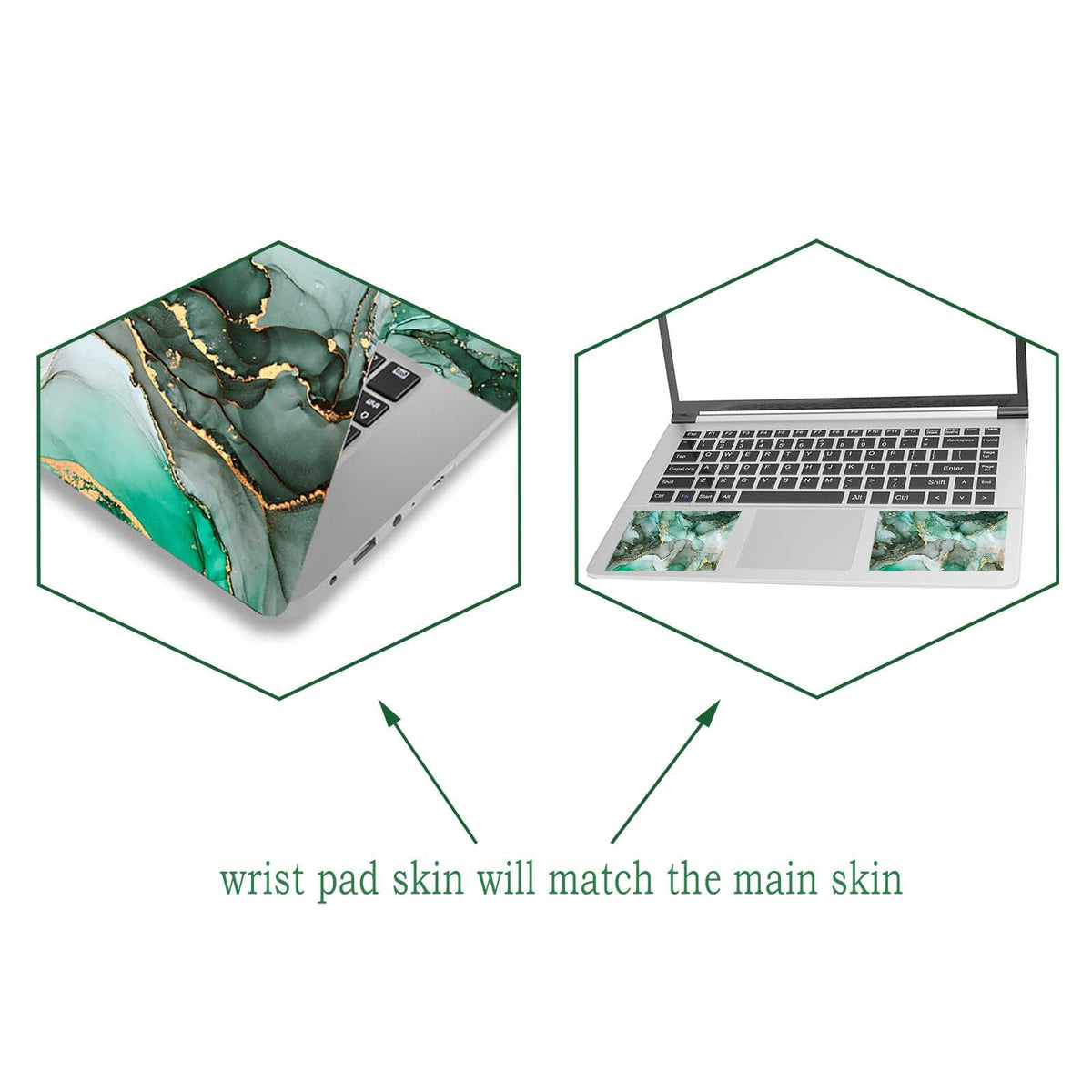 ToLuLu green marble laptop skin side-right view protective finish reduces wear.