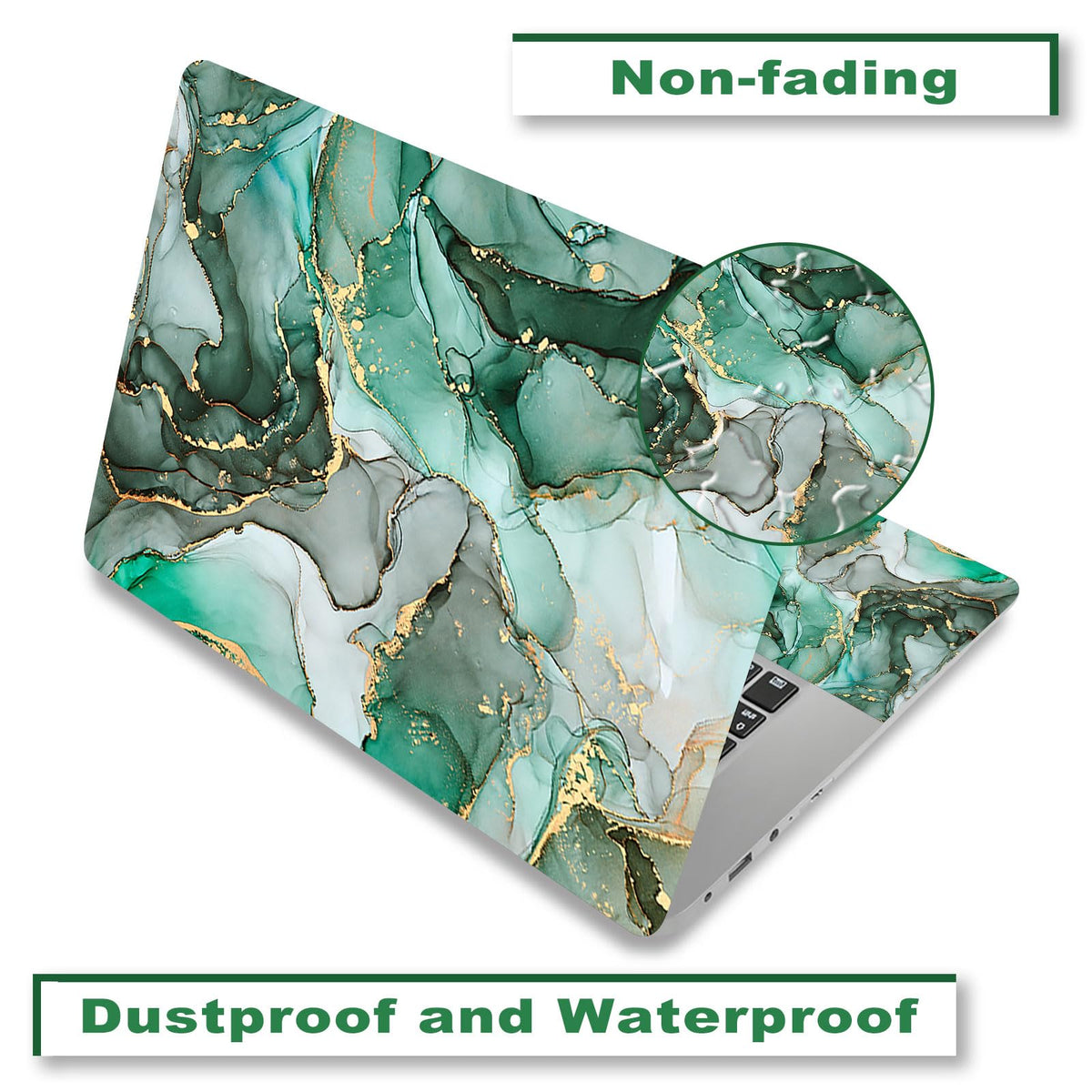 ToLuLu green marble laptop skin touchpad view cohesive look and easy cleanup.