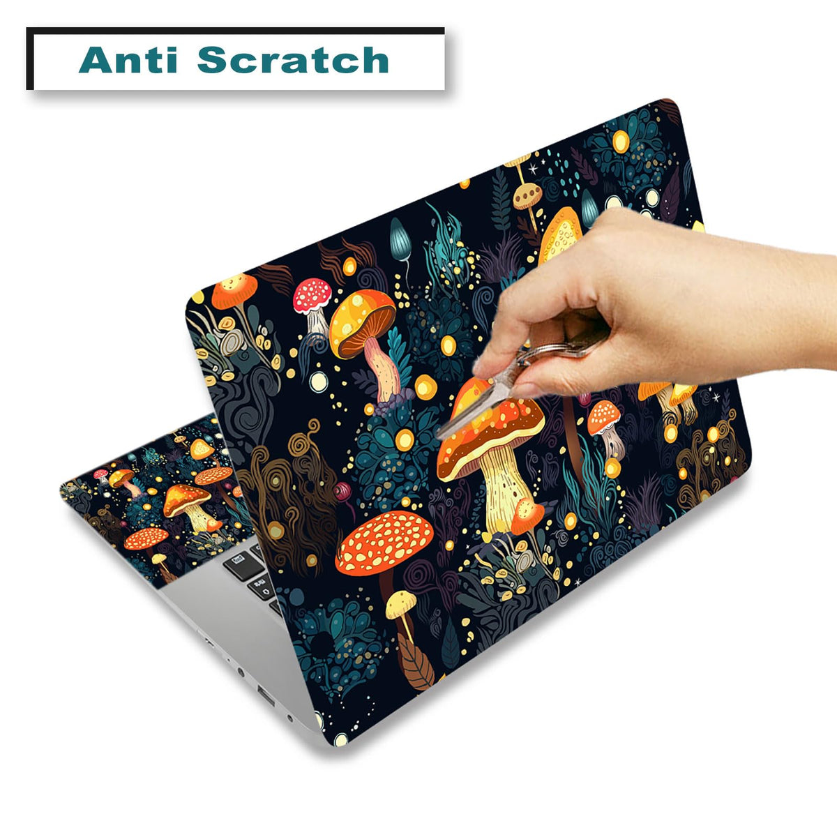 ToLuLu mushroom skin with wrist pad on left enhances comfort during typing.