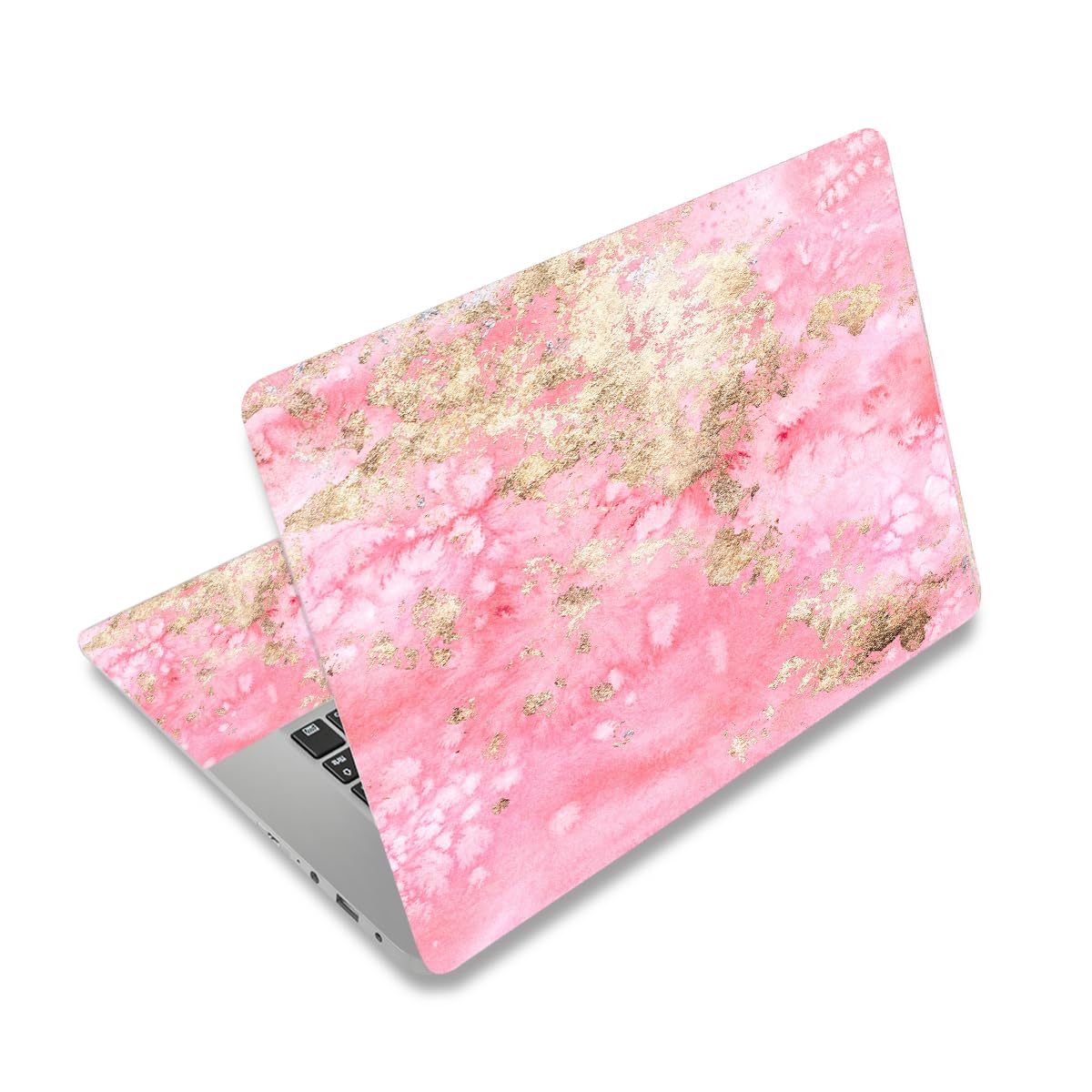 ToLuLu pink golden marble laptop skin - front view showing vibrant protection and shine