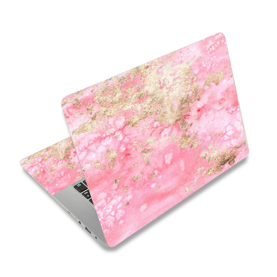 ToLuLu pink golden marble laptop skin - front view showing vibrant protection and shine