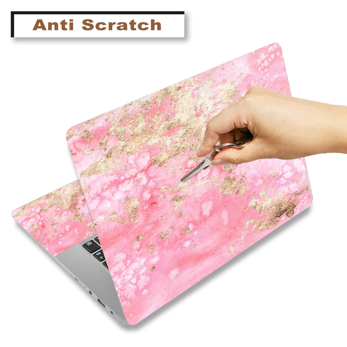 ToLuLu pink golden marble laptop skin - side view highlighting wrap-around style
