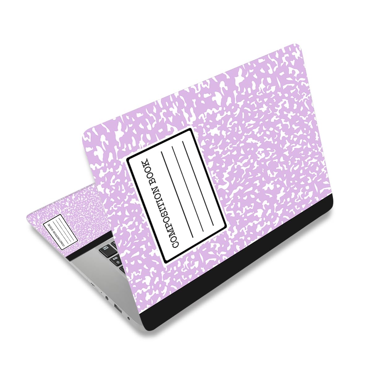 ToLuLu laptop skin back view in purple composition book design for scratch protection