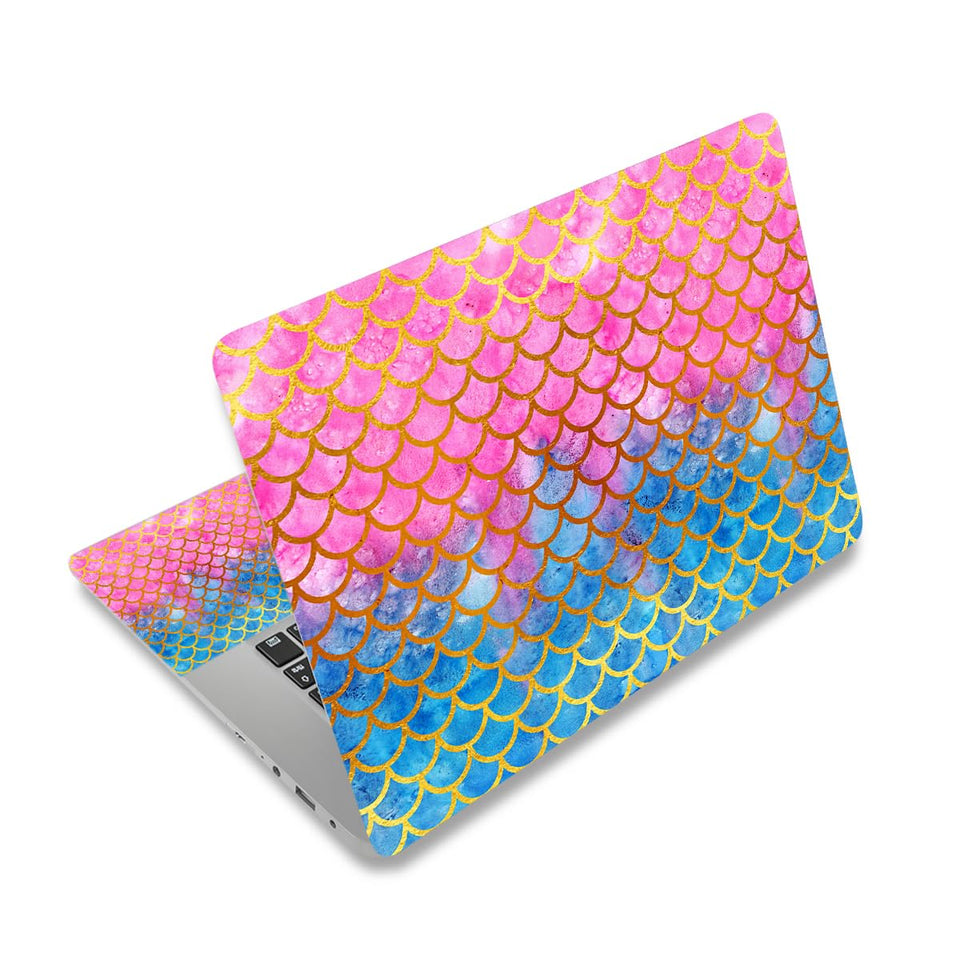 ToLuLu mermaid-scale laptop skin back view protects the lid with vibrant scales.