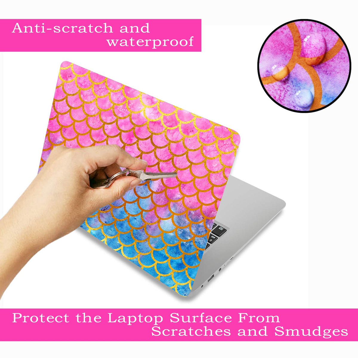 ToLuLu mermaid-scale laptop skin front view adds color while shielding the surface.