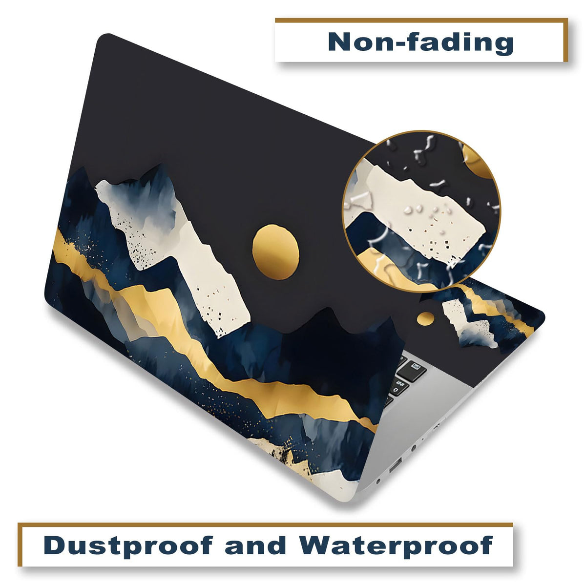 ToLuLu watercolor mountain laptop skin closeup highlights vibrant print and fade resistance.