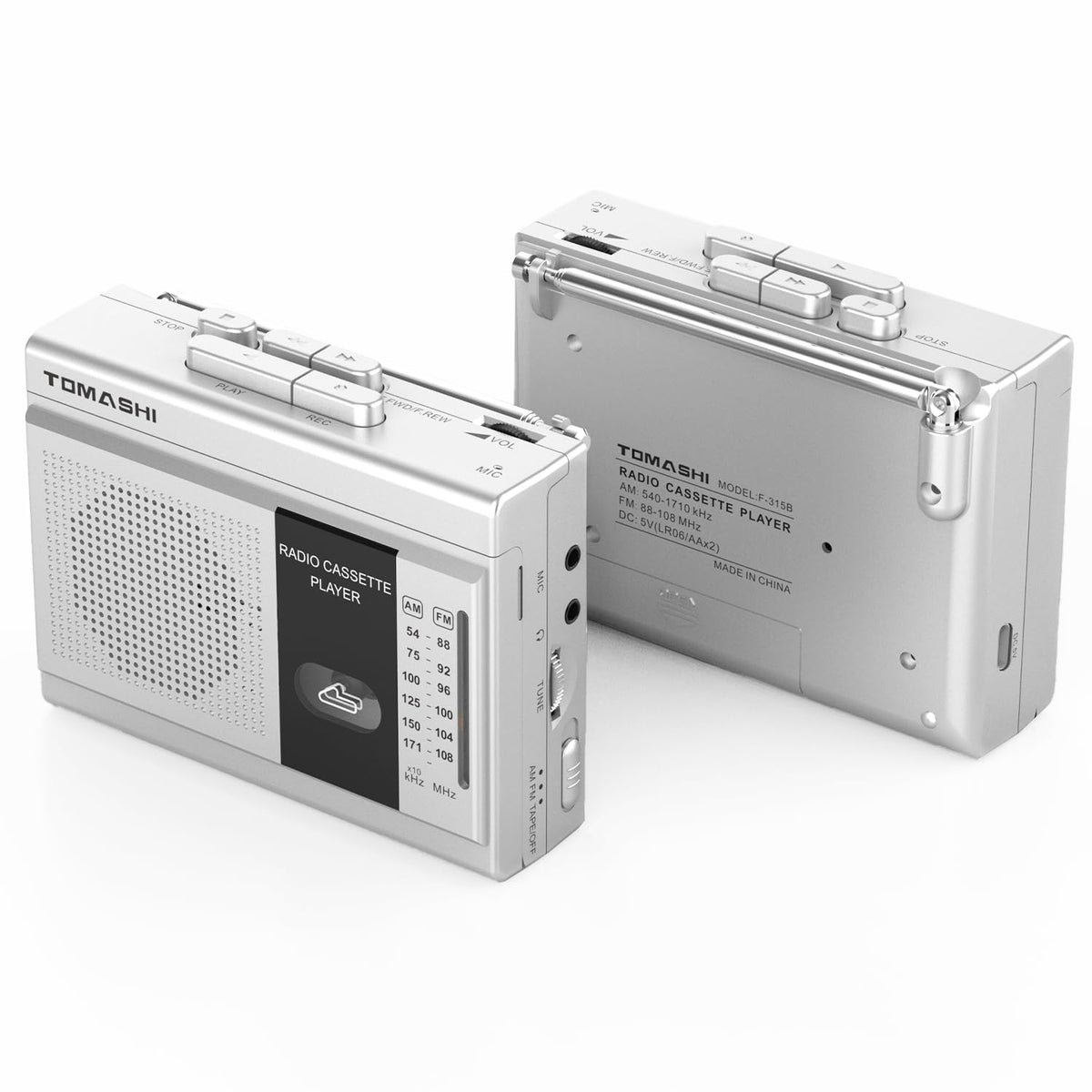 Tomashi cassette player front view highlights compact portable design for on-the-go listening.