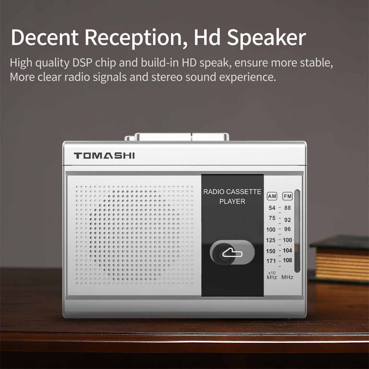 Tomashi cassette player with AM/FM radio display for versatile listening options.