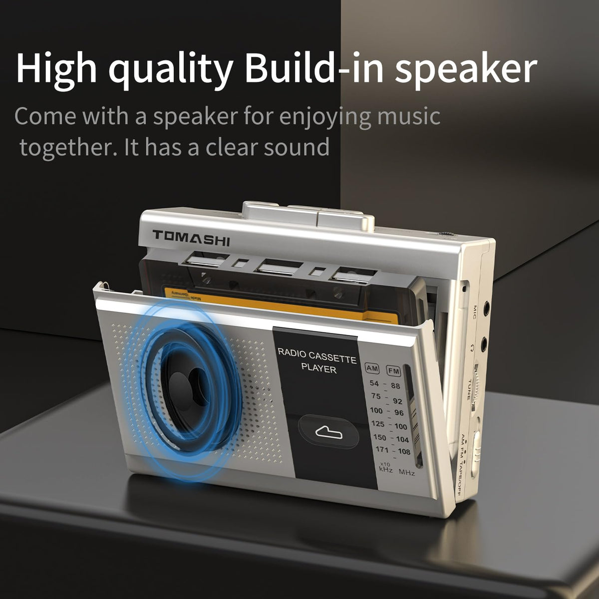 Tomashi cassette player recording mode demonstrated via built-in microphone.