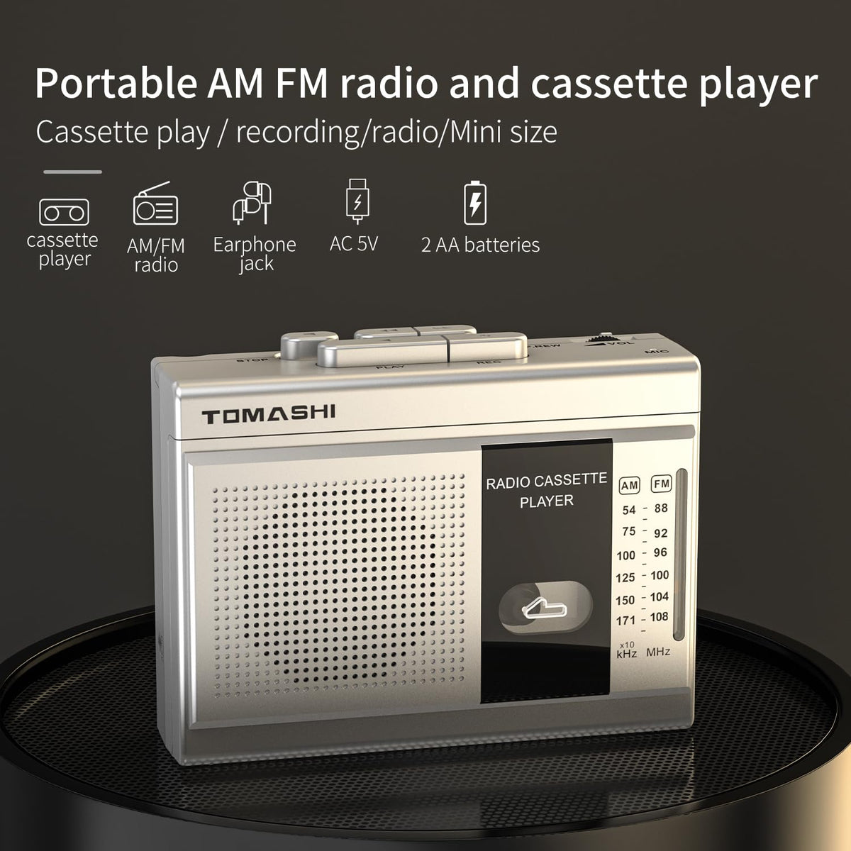 Tomashi cassette player side view shows built-in speaker and easy access controls.