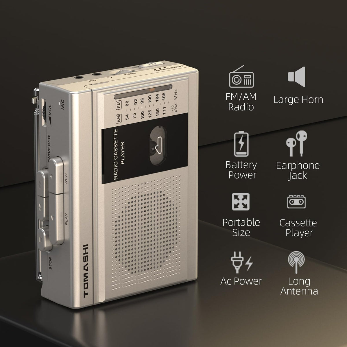 Tomashi cassette player USB Type-C charging port enables quick power.